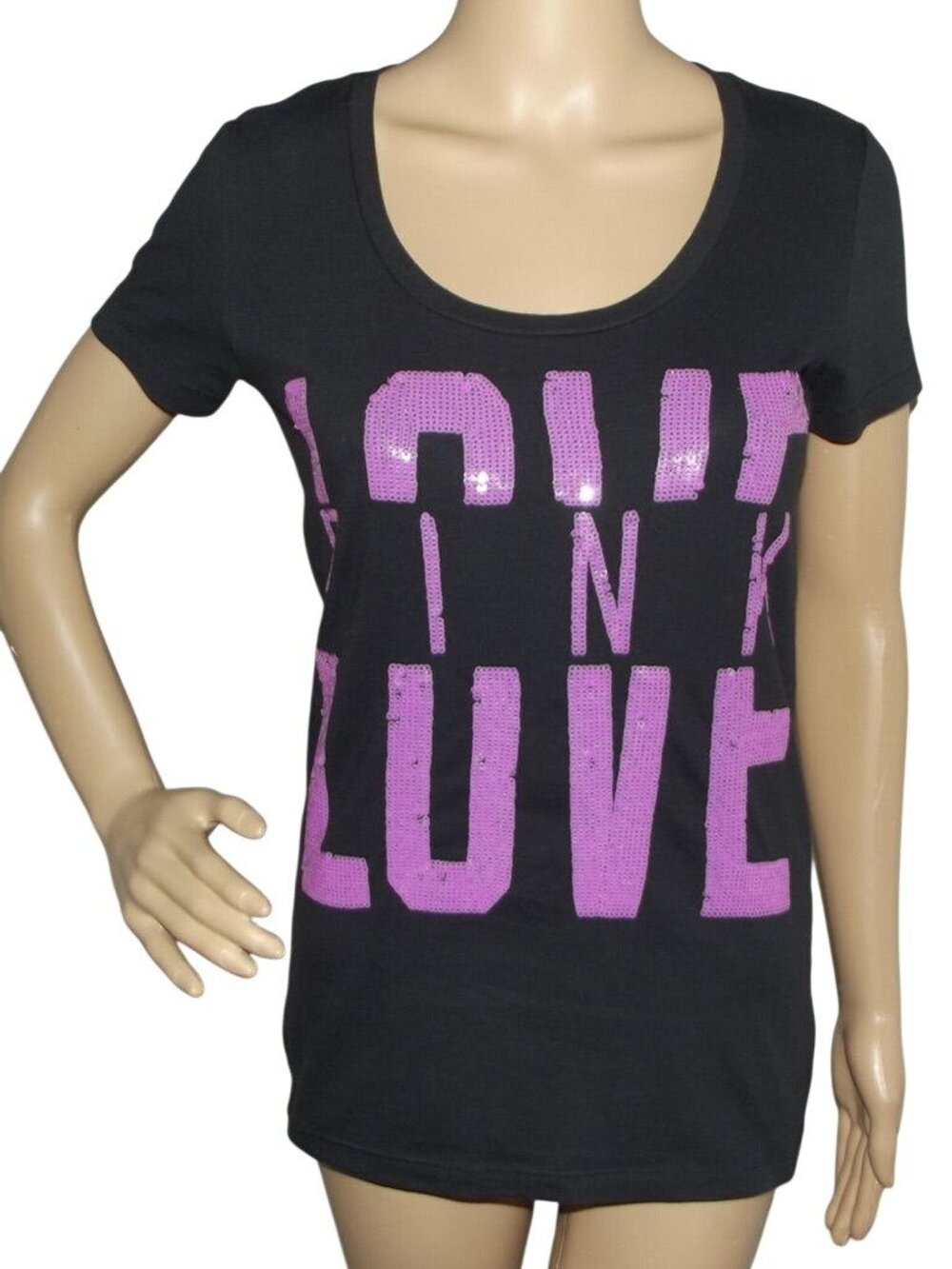Victoria's Secret LOVE PINK T-Shirt Womens Size Small Black Purple Sequins